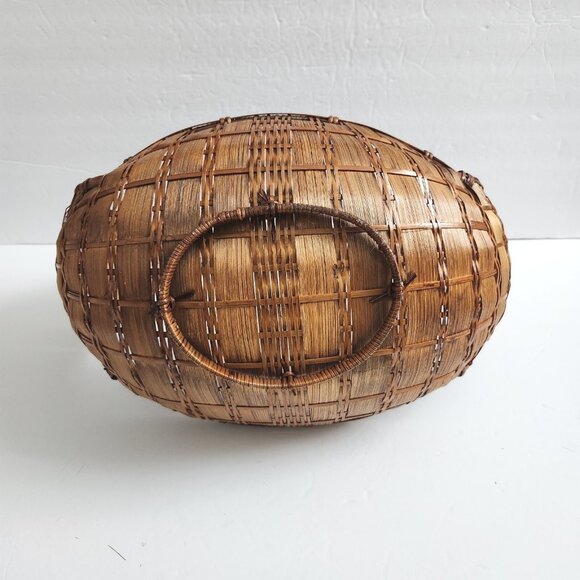 Vtg Rattan Pedestal Gondola Basket Wicker Boat Oval Table Top Decor Cottagecore - Picture 7 of 12